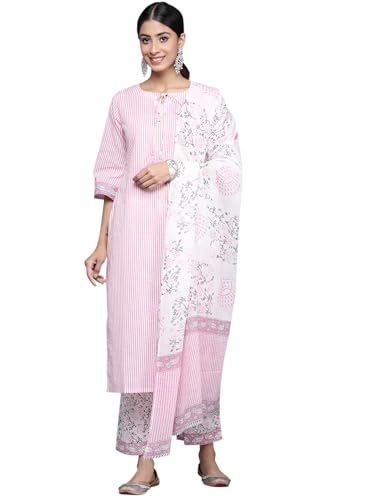 Image of Libas Womens Printed Cotton Straight Kurta With Trousers and Dupatta | daily wear suit