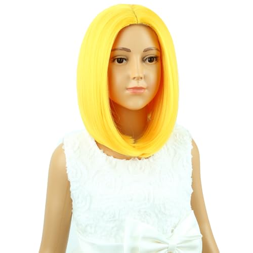 Image of Kids Yellow Wig Girls Yellow Bob Short Straight Wig Middle Part for Kids Children Synthetic Halloween Cosplay Costume Party Wigs with Wig Cap