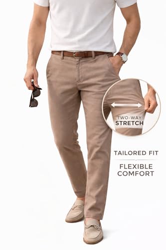 Image of DENRO Men's Slim Fit Cotton Stretch Trousers | Smart Casual & Workwear Pants for Office Use | 98% Cotton 2% Spandex Fabric | Mid-Rise Tailored Fit | Sizes 28-38