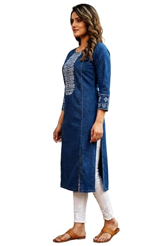 Image of Women's Blue Denim Embroidered Straight Kurti with 3 /4 Sleeves | Geometric Design Round Neck Kurta for Casual, Office