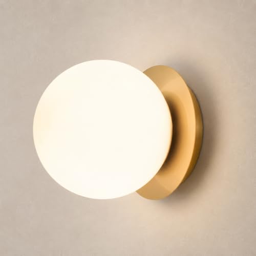 Gold Brass Globe Wall Sconce - Milk Glass Lamp - Sphere Alabaster Single Light...