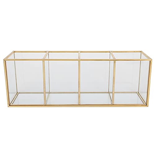 AlcheLHymist 4 Grids Transparent Makeup Brush Storage Box, Cosmetic Tool Organizer Stand, Nail Art Display Rack with Open Compartment Design for Desktop, Made of Glass and Alloy