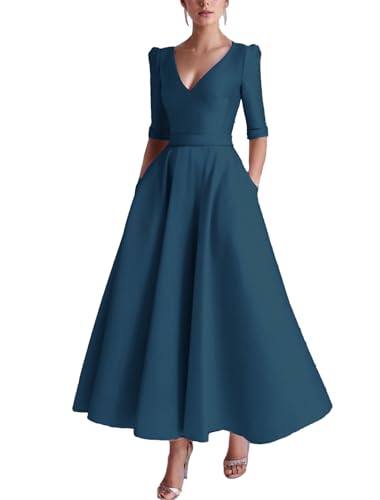 A-Line Wedding Guest Dress Elegant Dress Formal Semi-Formal Tea Length Half Sleeve V Neck Satin with Pocket 2024