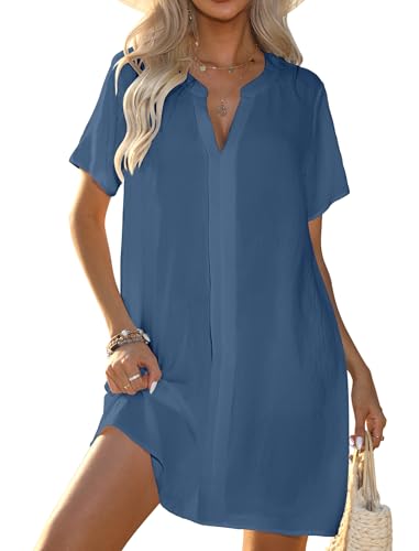 Image of Halife Women's Swimsuit Cover Up Shirt V Neck Short Sleeve Bathing Suit Coverups Summer Beach Cover Ups