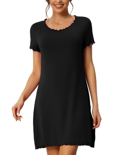 Image of cheibear Women's Pajama Dress Short Sleeve Ruffle Nightgown Black