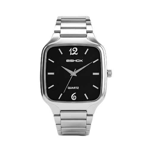 Image of Men's Analog Watch | Black Dial Square Stainless Steel Strap | Slim Quartz Wrist Watch for Men & Boys | Stylish Formal Casual Water Resistant Watch