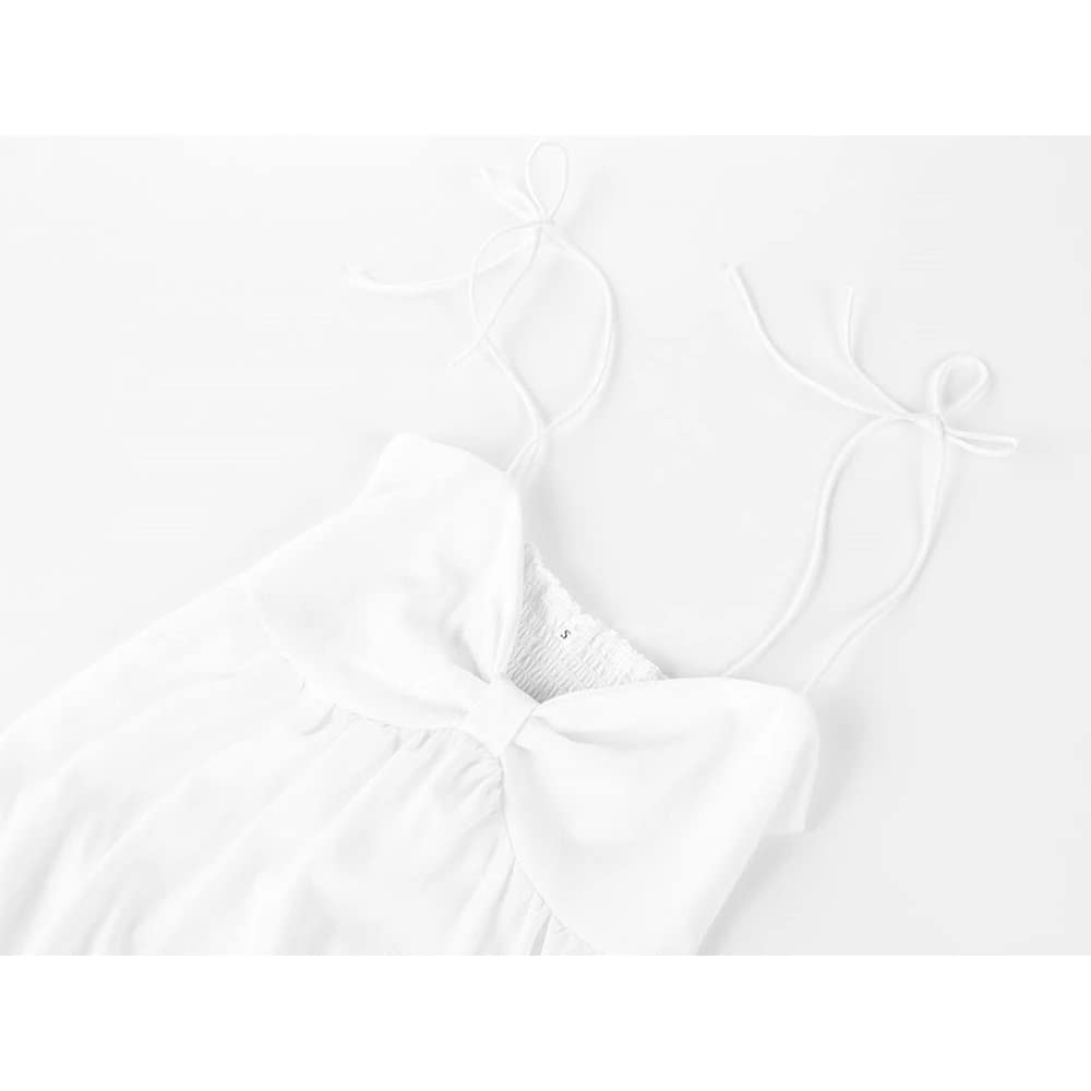 Suéter Sling Bow Señoras Vestido Corto Playa A-Line Vestido Volantes Suéter Fiesta de Vacaciones Verano Mujer/White/L
