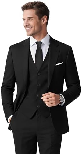 Gentle Season Men's 6 Pieces Slim Fit Black Suit Elegant Solid One Button Single Breasted Tuxedos Suits for Men Prom Party Wedding & Business Blazer Vest Pants Set Regular 44