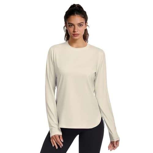 T-shirt de sport manches longues femme beige respirant pour éviter la chaleur