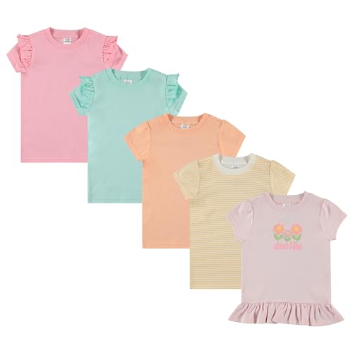 Recopilación de Camisetas de manga corta para Niña los más solicitados. 41 Cudlie - Paquete de 5 camisetas de manga corta para niña/bebé, camisetas de calidad premium para comodidad y estilo ligeros,, Rosa, verde, naranja, rayas amarillas, estampado...
