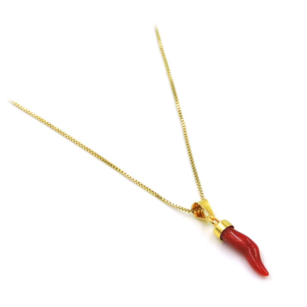 Collana con Cornetto Portafortuna in Corallo Rosso del Mediterraneo e Argento 925 Placcato Oro