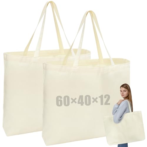HOCUCHELAND 2 Pièces Sac en Tissu, 60×40×12cm Grand Tote Bag avec Poignées Epaisses, Réutilisables Sac en Toile, Multi - Usages Grand Sacs pour Courses, Voyage, Vie Quotidienne