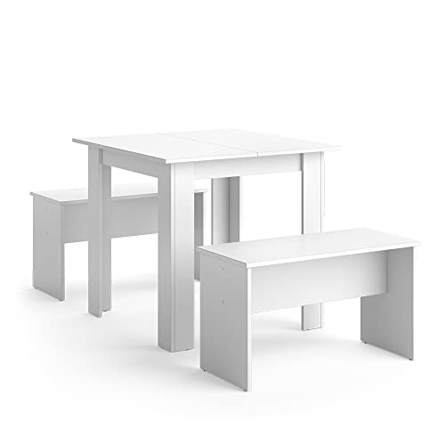 Vicco Ensemble de Table à Manger Sentio, Blanc, 80x80cm avec 2 bancs, Peu encombrant pour Coin Repas et Espace Petit-déjeuner