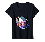 Photo Gallery donna whale bubble boba tea anime carino kawaii maglietta con collo a v Photo Gallery donna whale bubble boba tea anime carino kawaii maglietta con collo a v