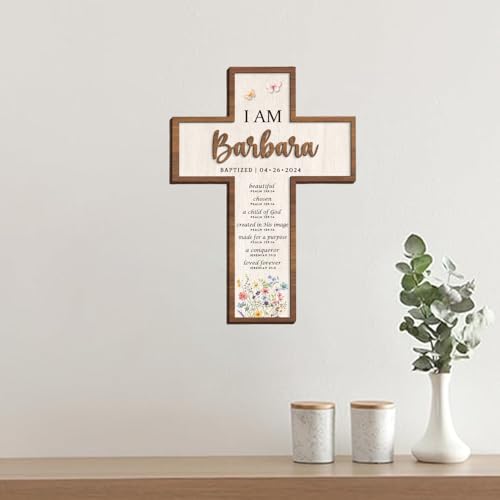 Image of Godashop Personalized Baptism Cross Wood Sign, Wooden Sign Baptism Gifts for Baby, Christening Gifts - A3