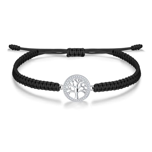 J.Endéar Lebensbaum Armband für Damen Mädchen Schmuck Silber 925 mit Zirkon, Handgefertigtes Geflochtenes Armband Verstellbar, Schwarz