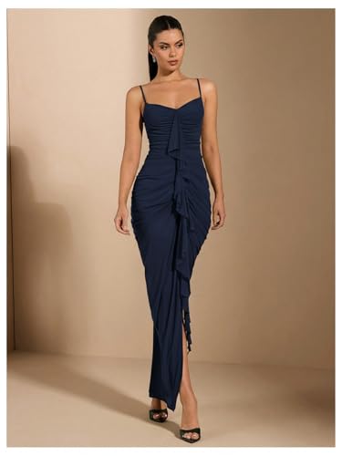 Image of Floerns Women's Ruffle Ruched Cami Dress Draped Split Elegant Bodycon Maxi Dresses