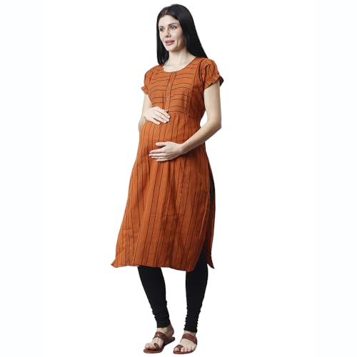 Image of CEE 18 Women's Cotton Rayon A-Line Maternity Feeding Kurti with Zippers(9938 36,Lucious Orange,S)