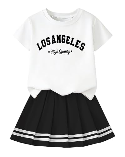Image of Betusline Girls Skirt Set JK School Uniform 2-Piece Outfit - Short Sleeve & Webbing Solid Skirt,4-14Y