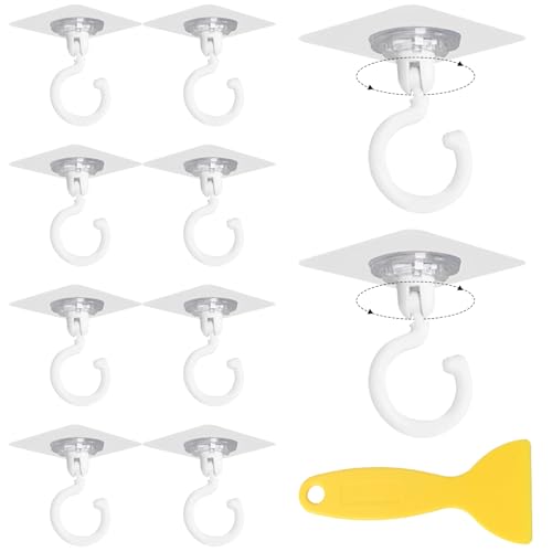 JRJRN 9 Stück Drehbar Decke Wandhaken, Transparente Selbstklebende Deckenhaken, 360° Drehbar Deckenhaken mit Schaber, Wasserdicht Wandhaken Ohne Bohren, Haken Selbstklebend für Küche Bad Wand