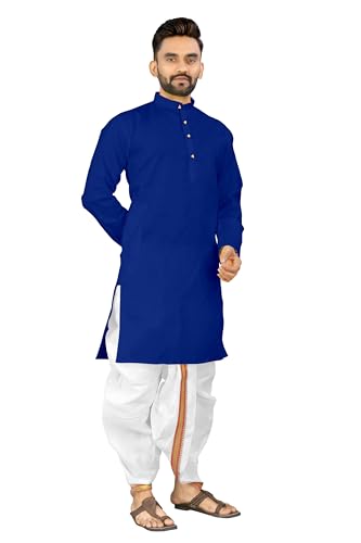 Image of UNIQUE MOMENTS Men's Cotton Dhoti Kurta Set with Full Sleeves Solid Pattern Modern Style and Mandarin Collar Neck | Perfect for Puja & Celebrations