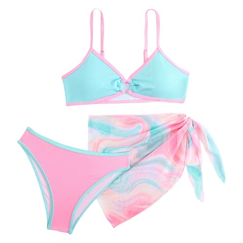 IWIHMIV Girl's 3 Piece Swimsuit Cute V Neck Bikini Set Bathing Suit Adjustable Straps Swimwear Sheer Mesh Cover Up Skirt