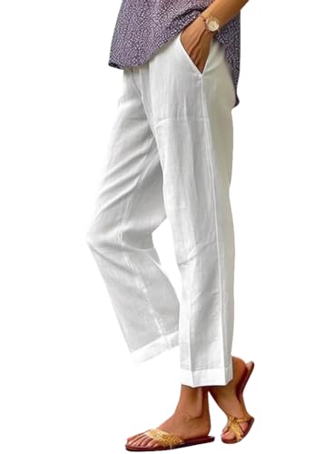 shownicer Pantalon de Lin Taille Haute pour Femmes Pantalons D'été 7/8 en Coton de Lin Ample Pantalon Léger Fluide Pants Décontracté avec Poches A Blanc M