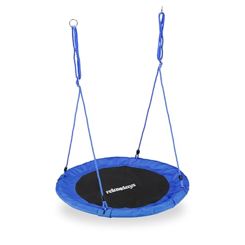 Relaxdays Unisex – Erwachsene, blau Nestschaukel, rund, für Kinder & Erwachsene, verstellbar, Ø 90 cm, Garten Tellerschaukel, bis 100 kg, H x D: ca. 5 x 90 cm