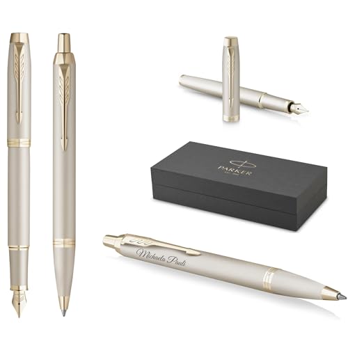 PARKER IM Professionals   Juego de bolígrafo y pluma estilográfica monocromática con grabado | bolígrafo premium | caja de regalo | Pantrone azul | personalizado | cumpleaños (champán)