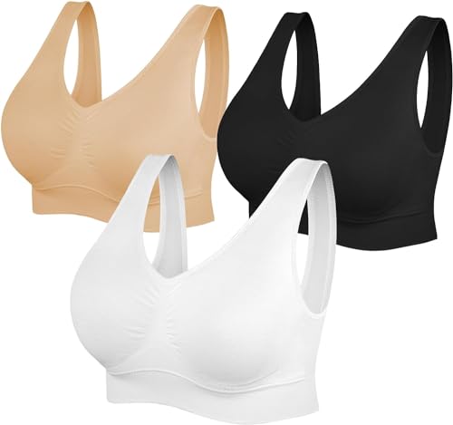 COTBENN Women's Built Up Tank Style Sports Bra Value Pack of 3, White / Black / Beige, Small-Large Short