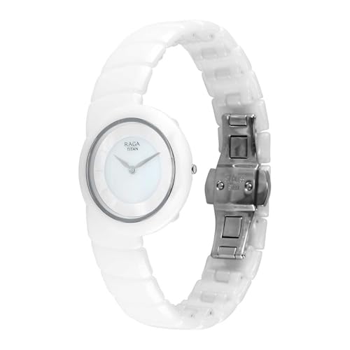 Image of Titan Raga Chic Glam with Quartz Analog M.O.P + Ceramic Dial White Strap Watch for Women - 95391KC01