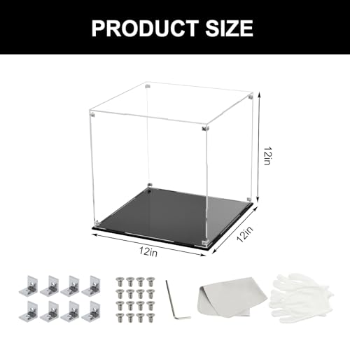 Image of 12 Inch Clear Acrylic Case for Display with Black Base | Cube Display Acrylic Box for Collectibles, Alternative Glass Case for Display Figures Home Storage Organizing Arts Showcase