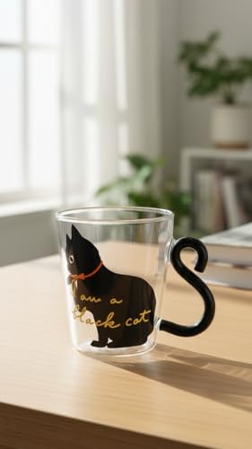 yakedoworks 猫しっぽハンドル ガラスマグ ねこ イラスト クリアマグ コップ 手吹き 高硼珪ガラス デカール貼り 軽量 かわいい おしゃれ インスタ映え カフェ風 ティータイム コーヒー 紅茶 ジュース ギフト (6種類) (パターンD)