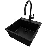 PRIMAGRAN Granitspüle Alles Schwarz 48x50cm, Spülbecken 1 Becken + Ablauf-Set + Küchenarmatur 40x22cm, Küchenspüle ab 50er Unterschrank - Riga