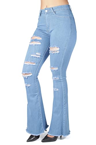 Fashion2Love Women Junior Bell Bottom Ripped Distress High Waist Flared Stretch Jeans (HY338)