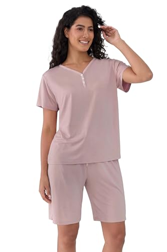 Image of Joyaria Cooling Pajamas Bamboo Viscose PJs Bermuda Shorts Set Women Henley Neck Summer Moisture Wicking Sleepwear