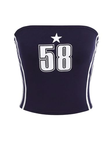 WDIRARA Girl's Star Graphic Striped Trim Bandeau Sleeveless Strapless Slim Tube Tops