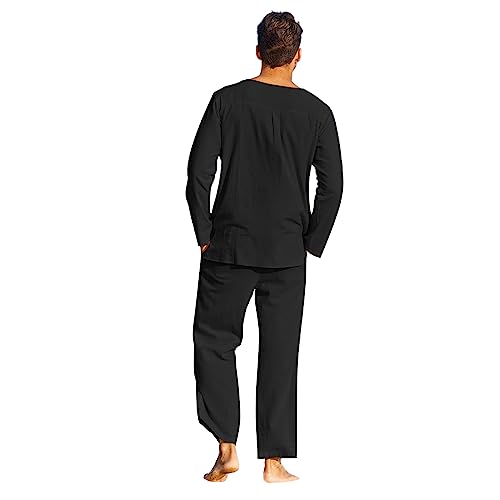 Geagodelia Herren-Set, 2-teilig, Baumwolle, Leinen, Henley-Hemd, V-Ausschnitt, Langarm, leichte Hose, für vier Jahreszeiten, Sommer-Pyjama, einfarbig, Schwarz , L