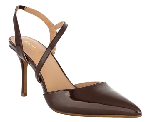 Image of Closed Toe Slingback Heels Wedding High Stiletto Heel for Women 3.3 Inch Ankle Strap Pointed Toe Pumps Prom Dress Bride Shoes for Dinner Party Sexy Coffee Patent