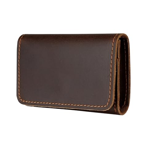S-MAN Genuine Cowhide Leather Credit Card Holder Handmade Button Business Card Case Mini Wallets for Men Dark Coffee