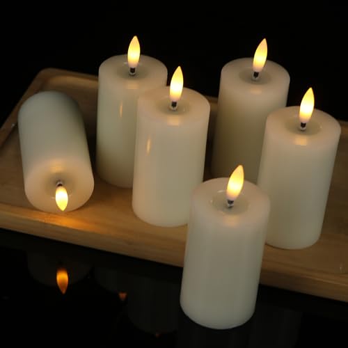 Image of Flameless Candles with Remote Timer, 6 PCS Real Wax LED Votive Battery Operated Candles with 3D Flame, Flickering Pillar Candles for Christmas Home Decororations(Ivory, 4.5 inch x 1.9 inch)