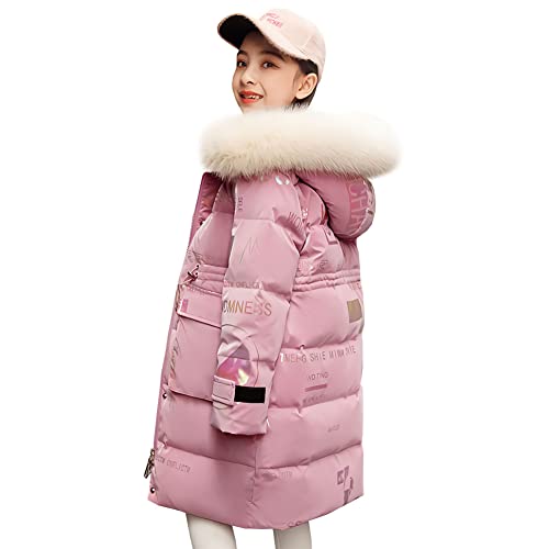 LSERVER Veste Fille avec Fourrure Col Capuche Mode Imprimé Non Lavable Manteau Enfant Coupe-vent Chaud Blouson Hiver Longs Epais Vêtements pour Âge 6-16 Ans, Rose, 140 Cover