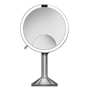 Simplehuman ST3024 Miroir à capteur Trio 20 cm, Miroir grossissant 10x 5X 1x Lumineux Maquillage avec lumière LED, Rechargeable, cosmétique, Salle de Bain, Acier Inoxydable brossé