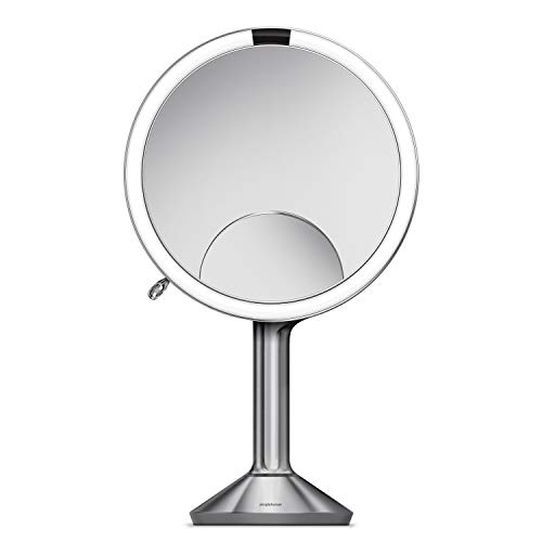 simplehuman ST3024 20cm Sensor Mirror Trio with Touch-Control Brightness, Light Up Makeup Magnifying Mirror, 10x, 5x, 1x Magnification, LED, Dual Light Setting, Rechargeable, Brushed Stainless Steel