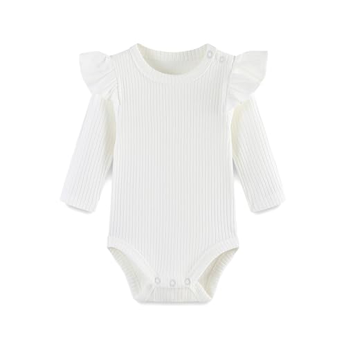 Baby Girl Knit Ruffle Outfit Clothes Ribbed 100% Organic Cotton Solid Color Long Sleeve Romper Clothes 0~24M