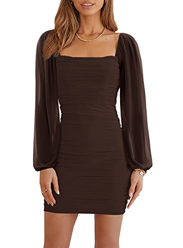 Wenrine Women's Mesh Long Sleeve Square Neck Ruched Party Club Cocktail Bodycon Mini Dress
