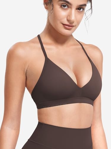 Image of YEOREO CoreFlex Women Sports Bras | Strappy, Padded, Halter, Open Back, Light Impact, Deep V Neck, Yoga, Workout, Gym
