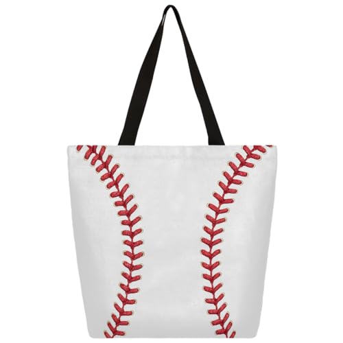 Wicewott White Sports Baseball Canvas Tote Bag With Zipper for Women Large Casual Shopping Grocery Shoulder Handbag Reusable Multipurpose Heavy Duty Big Cotton Cloth Bag for Work Beach Kitchen