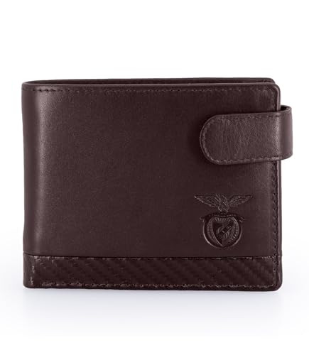 SL Benfica Billetera de Piel y Carbono, 12x9x2 cm. Monedero. Múltiples ranuras para Tarjetas y Solapa con ventana para Documentos Foto. Compartimento para billetes., marrón, 12 x 9 x 2 cm,