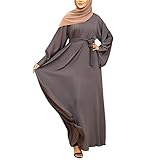 QYUU Women's Muslim Kaftan Abaya Dress Long Sleeve Self Tie Maxi Dress Middle East Arabian Robe Gown (5163-Grey, Large)